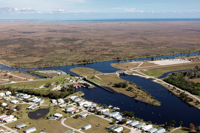 The Julian Keen Jr. Lock at Moore Haven is more than 40 miles from the Franklin Lock, where Caloosahatchee River target flow is measured. [Photo courtesy U.S. Army Corps of Engineers]