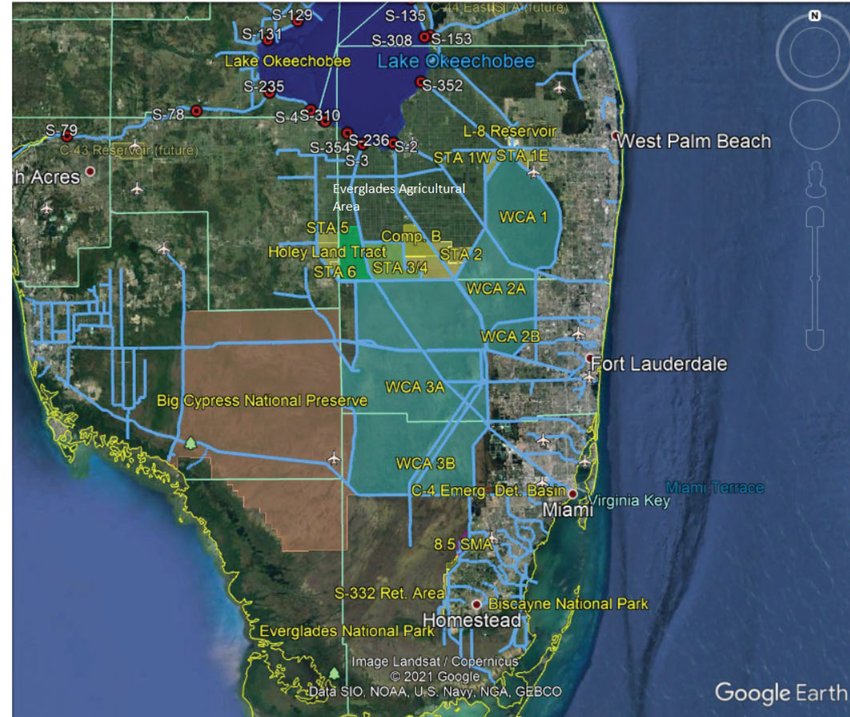 This map shows Lake Okeechobee, the Everglades Agricultural Area (EAA), stormwater treatment areas (STAs), Water Conservation Areas (WCAs) Big Cypress National Preserve and Everglades National Park. [Map courtesy USACE]