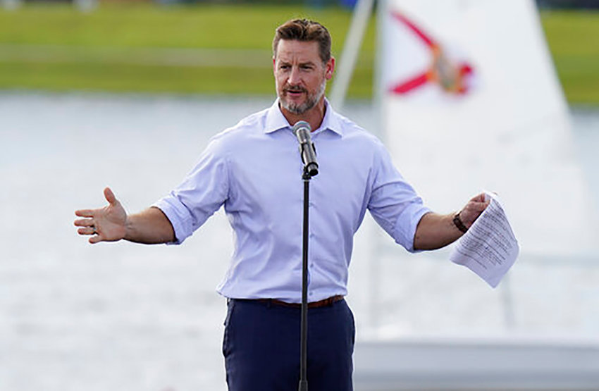 FILE - U.S. Rep. Greg Steube, R-Fla., speaks during a campaign event, Oct. 27, 2020, in Sarasota, Fla. The Florida congressman was injured in an accident at his home Wednesday, Jan. 18, 2023, his office said. (AP Photo/Chris O'Meara, File)