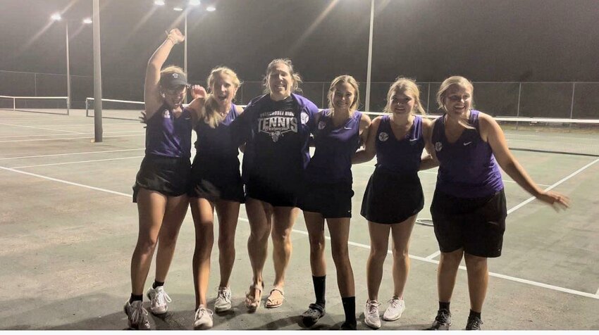 The OHS girls' tennis team celebrates after their win over Gateway in the regional final. [Photo courtesy OHS] (L to R).Tori Trent, Lily Cobb, coach Celine Treamer, Isabella Derigo, Hannah Williams, and Keirsten Sales.