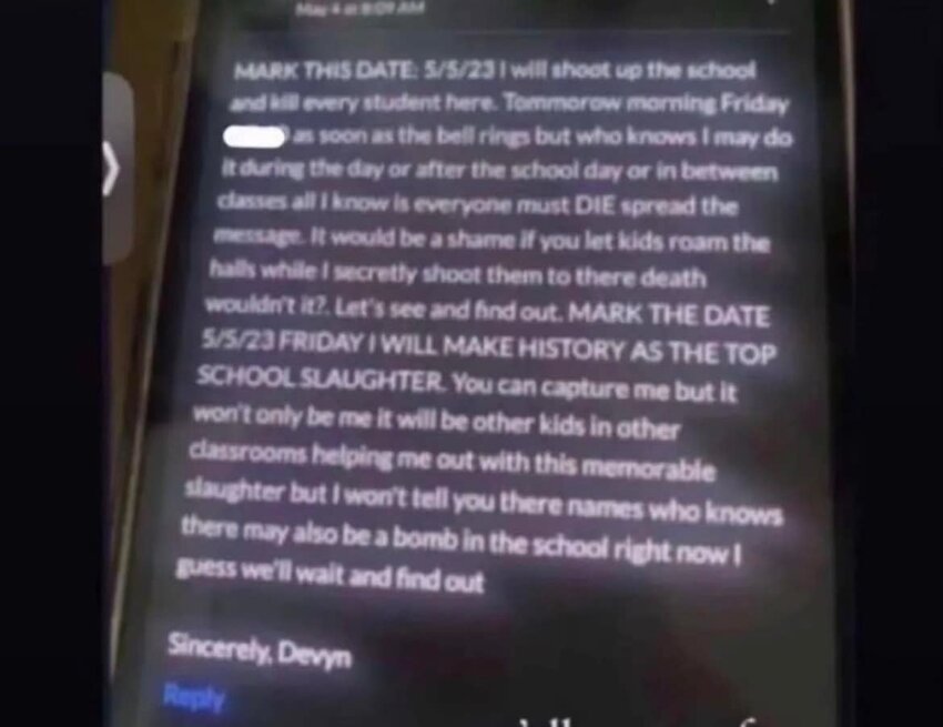 Several counties in South Florida are currently dealing with this picture being circulated by students.   We have communicated with local law enforcement and they are also aware of incidents in St.Lucie, Martin, and Broward Counties.    There has been no reference to Okeechobee County Schools in these posts.   Please have a conversation with your students about the serious disciplinary and legal implications of making threats to a school campus.    And   Remember: See Something, Say Something!