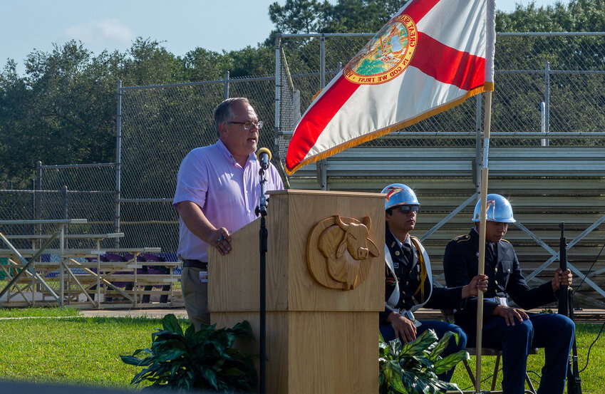 Okeechobee superintendent Ken Kenworthy speaks at the groundbreaking of the new OHS.