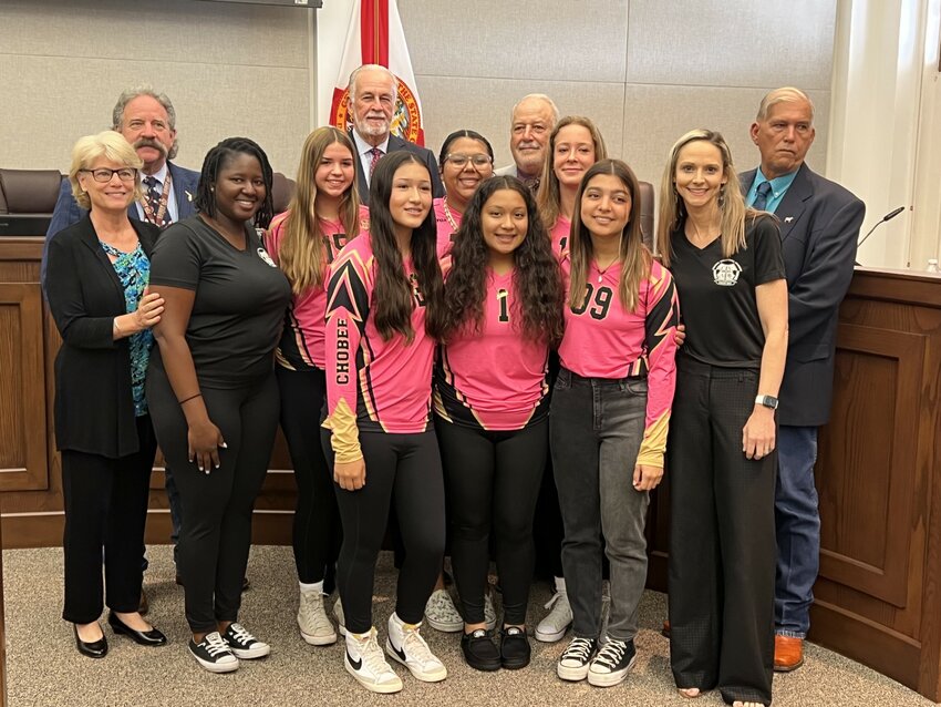 OKEECHOBEE &ndash; At their June 8 meeting, Okeechobee County Commissioners honored the 2023 Chobee Volleyball Academy 15 and Under Team advancement to the 50th AAU Girls Junior National Volleyball Championship. [Photo by Katrina Elsken/Lake Okeechobee News]