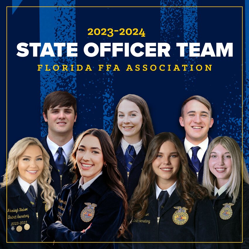 An Okeechobee student was chosen as the secretary of Florida State Future Farmers Association (FFA) for 2023-2024. The 2023-2024 Florida FFA State Officer Team includes:  President Kayelee Ehrisman of Belleview FFA; Secretary Jenna Larson of Okeechobee FFA; Area I Representative Makenleigh Bledsoe of Jay FFA; Area II Representative Hunter Sharp of Chiefland FFA; Area III representative Mackenzie Cunningham of DeLand FFA; Area IV Representative Emma Self of Bartow FFA; and, Area V Representative Spencer Baylor of Strawberry Crest FFA. The Florida FFA State Convention was held June 19-23 at Caribe Royale in Orlando. Nearly 6,000 FFA members, advisors, administrators, alumni, parents and industry partners came together to celebrate the achievements won by the past and present generations of agriculturalists, while continuing to develop their potential for premier leadership, personal growth and career success. [Photo courtesy Florida FFA]