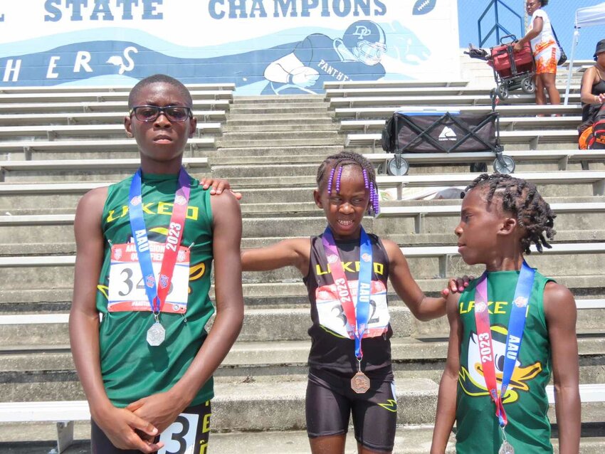 Lake O Elite Athletics sends four of its athletes to the Junior Olympics. Pictured left to right are Ja'Quan Bentley Jr., Mia Ridley and Jamare Hardemon. Not pictured is Slate Shatzer.
