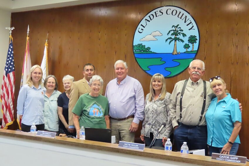 Glades County Commissioners and FTA Members at the Glades BOCC Meeting on June 26, 2023. From left to right are: FTA Gateway Community Program Statewide Coordinator, Hailey Dansby; FTA Glades/Hendry Chapter Chair, Margaret England; Glades County Commissioner, Donna Storter-Long; Glades County Commissioner, Tony Whidden; FTA Glades/Hendry Chapter member, Betty Loomis; Glades Board of County Commissioners Chair, Tim Stanley; Glades County Commissioner, Hattie Taylor; Glades County Commissioner, Jerry &ldquo;Gator&rdquo; Sapp; FTA Glades/Hendry Chapter member, Darlene Evans