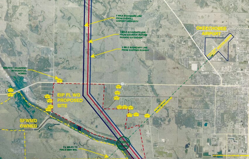 OKEECHOBEE -- This map shows the 5-mile radius from the Okeechobee County Airport. Portions of the planned Lower Kissimmee Basin Stormwater Treatment Area (dotted red line) are within the 5-mile radius,