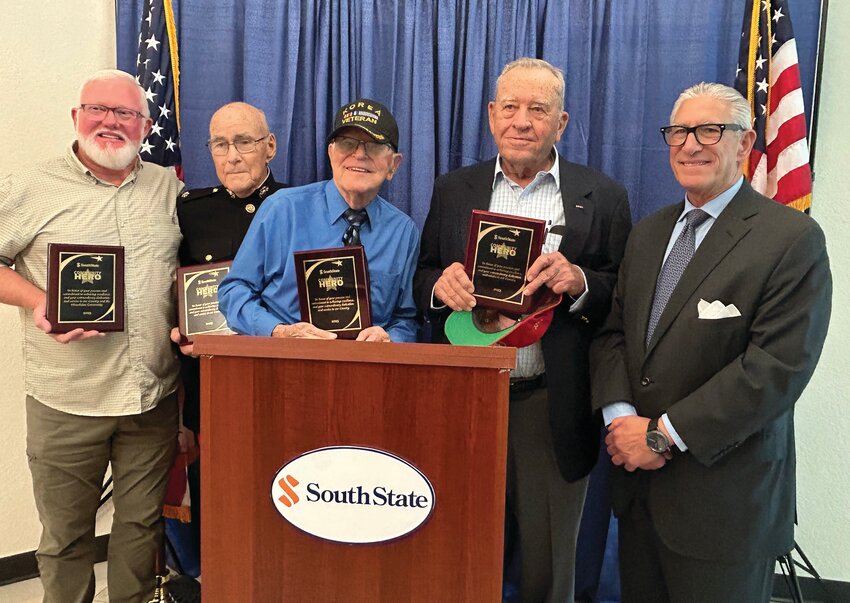 Honored during the 2023 Hometown Heroes luncheon were veterans (L to R) Cliff Gill, Daniel F. Fennell Jr., Walter Montz, JC Bass and Johnny McCullers (not pictured.) Also pictured is the guest speaker retired Marine Corps Lt. General Frank Libutti.