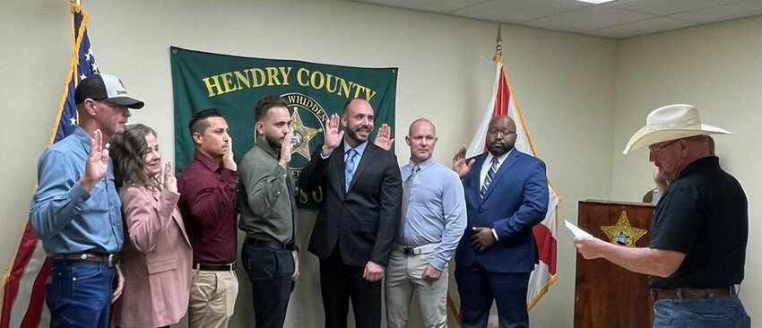LABELLE -- On Tuesday, Jan. 9, 2024, Sheriff S. Whidden had the opportunity to swear in a number of new members and not so new members of the Hendry County Sheriff's Office. From left to right are&nbsp; A.J. Maynard, P. Steelman, W. Guevara, S. Monteiro, J. Cieslinski, S. Kirkby, R. Louis-Pierre and Sheriff S. Whidden. [Photo courtesy Hendry County Sheriff's Office]