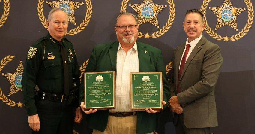Sheriff Noel E. Stephen was proud to announce that the Okeechobee County Sheriff's Office has achieved Levels 1 and 2 of the Professional Recognition Program from the Florida Sheriffs Association Accreditation program.    Once all three levels are completed, the agency will be added to the prestigious list of accredited agencies in Florida from the Florida Sheriffs Association. We anticipate concluding our final inspection by April 2024, with an announcement to follow once acceptance and awarding are confirmed.    Pictured (l-r) Sheriff Bill Leeper Nassau County Sheriff's Office, Sheriff Noel E. Stephen, Okeechobee County, and Sheriff Kurt A. Hoffman, Sarasota County Sheriff's Office @sarasotasheriff