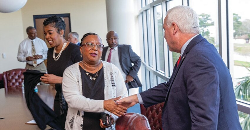 GTABS&rsquo; Dr. Abigail Carter, EVP of Development, congratulates Indian River State College President Dr. Timothy Moore as the RAIL Initiative gets on track. [Photo courtesy GTABS]