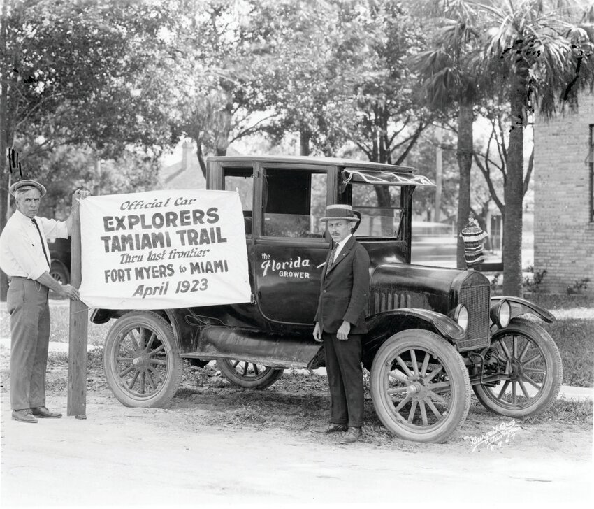 The Trail Blazers were the first men to cross the unfinished portion of the Tamiami Trail (from Fort Myers to Everglades City) in automobiles. The group included one commissary truck, 7 model T Fords, and a new Elcar but only the 7 Fords made it..The Ford Model T Coupe, in which Russell Kay and Frank Whitman made the trip, was owned by Florida Grower magazine. [Photo courtesy Florida Memory Project]