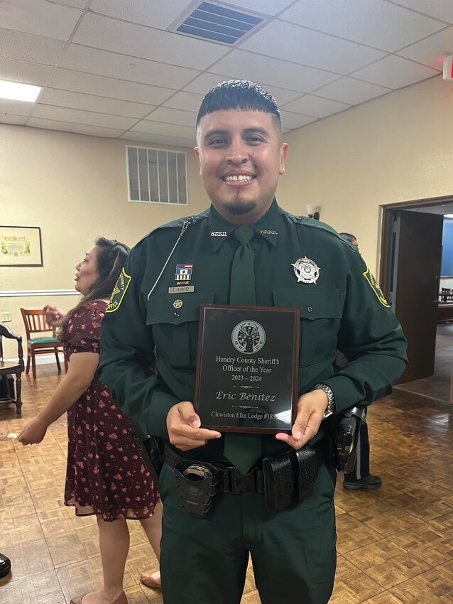 Eastside Elementary School Resource Officer Eric Benitez was selected as Hendry County Sherriff&rsquo;s Officer of the Year at the Clewiston Elk&rsquo;s Lodge Community Awards on April 5. [Photo courtesy Eastside Elementary School]