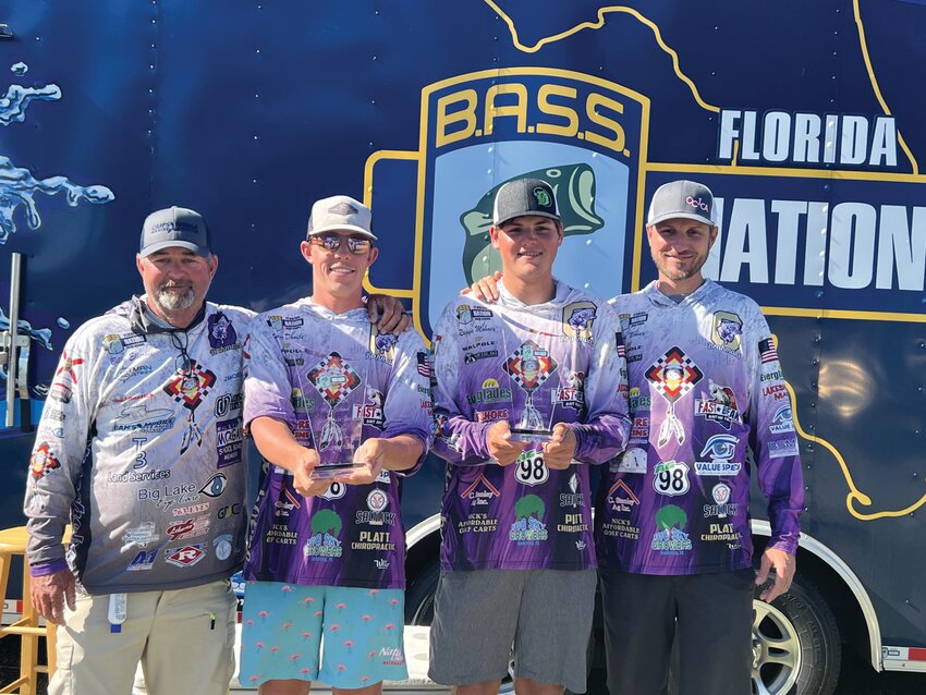 (Left to right) Billy Ellerbee (captain), Hunter Daniels, Ragyn Mohney, David Mohney (captain)  brought home honors in competitive high school bass fishing. [Courtesy photo]