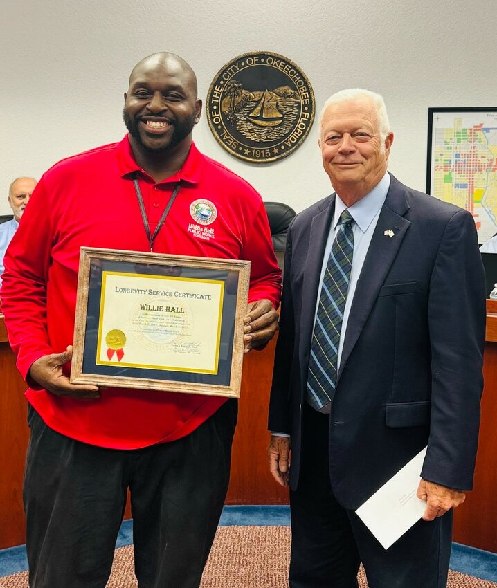 OKEECHOBEE &mdash; Maintenance Foreman Willie Hall was recognized during the March 3 city council meeting for 10 years of service to the community. In addition, City Administrator Gary Ritter, mentioned that Hall recently passed the Florida Department of Environmental Protection Storm Water Course.