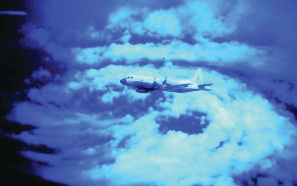 A hurricane hunter flies into the eye of a storm. [Photo courtesy NOAA]