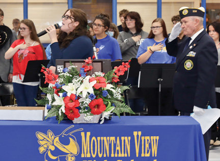Shawn McKnight, a junior at Mountain View High School, sings the National Anthem during the Veterans Day program at the school Nov. 11. More photos and details are on page 1B of the Nov. 17 issue.
