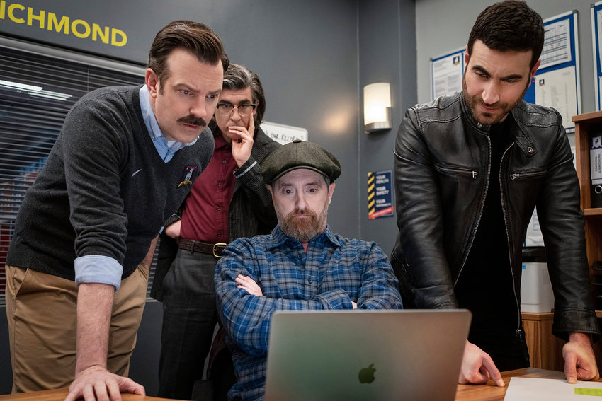 From left, Jason Sudeikis, James Lance, Brendan Hunt and Brett Goldstein in a scene from &quot;Ted Lasso.&quot;