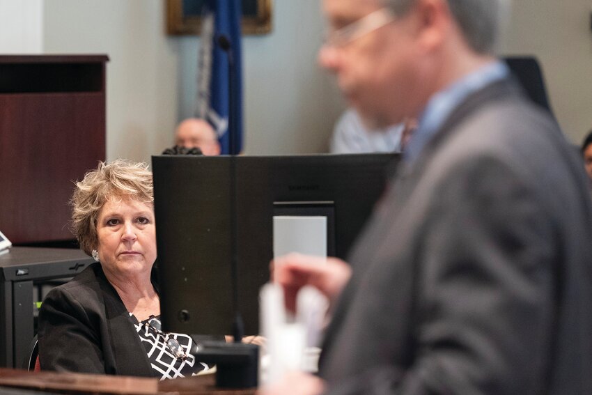 Colleton County Clerk of Court Rebecca Hill listens as Prosecutor Creighton Waters makes closing arguments in Alex Murdaugh's trial for murder at the Colleton County Courthouse Wednesday, March 1, 2023, in Columbia, S.C.
