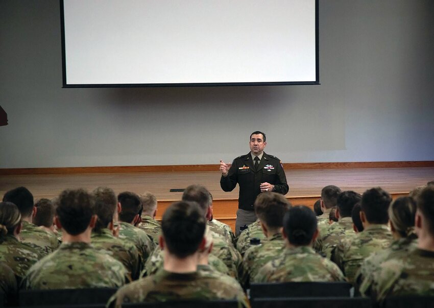 Brig. Gen. Jose Rivera, the ARCENT G3, speaks with the Clemson Army ROTC. A delegation from U.S. Army Central visited Clemson University's Army ROTC program and the College of Engineering, Computing, and Applied Sciences on Nov 17, 2023, in Clemson.