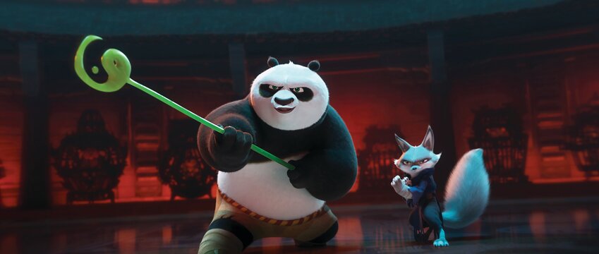 This image released by Universal Pictures shows characters Po, voiced by Jack Black, left, and  Zhen, voiced by Awkwafina, in a scene from DreamWorks Animation's &quot;Kung Fu Panda 4.&quot; (DreamWorks Animation/Universal Pictures via AP)