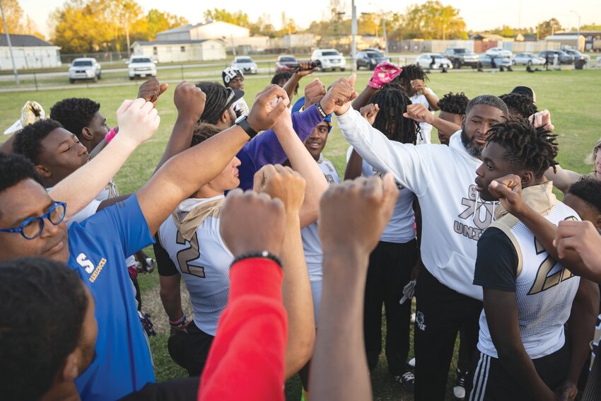 803 United's 15U team breaks down a huddle during practice. The squad has earned national recognition after a series of strong tournament finishes, earning a No. 15 ranking by Pylon, one of the largest 7-on-7 ranking organizations.