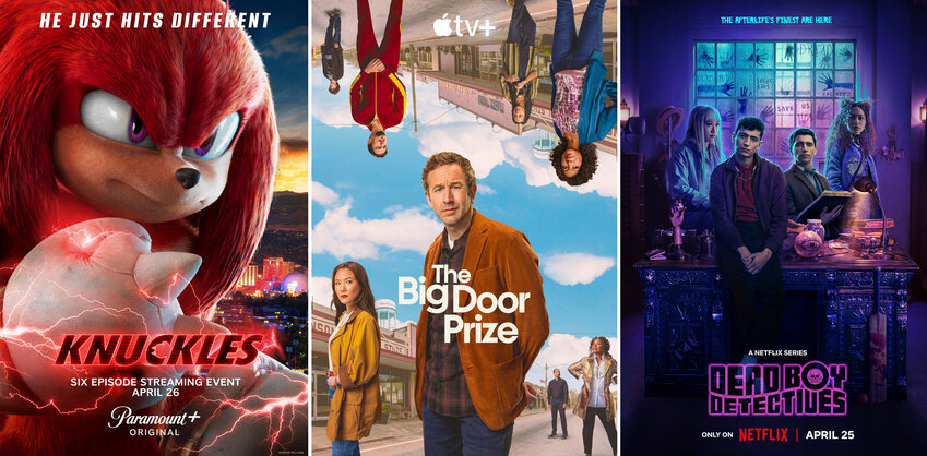 This combination of images shows promotional art for the Paramount+ series &quot;Knuckles,&quot; the Apple TV+ series &quot;The Big Door Prize,&quot; and the Netflix series &quot;Dead Boy Detectives.