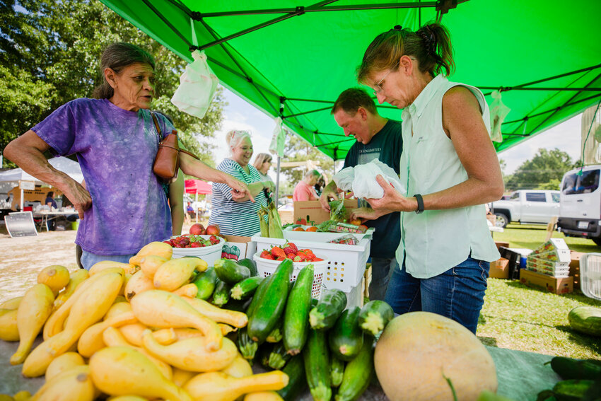 Marie Dorr, of Dorr Farms, speaks with a customer at the Sumter Farmers Market on the USC Sumter campus in 2021. The market is open each Friday through Nov. 22 with food trucks, handmade items and fresh produce on the campus, 200 Miller Road.