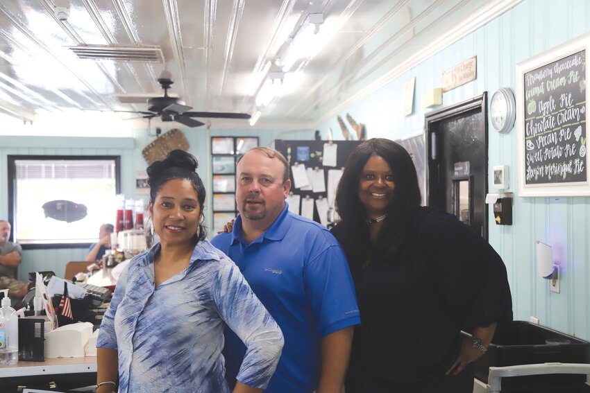 From left, Executive Producer Wendy Tucker Tannock, Summerton Mayor Mac Bagnal and writer and Director Lynn Dow stand inside Summerton Diner, one of the filming locations for the upcoming film &quot;Bull Street.&quot;