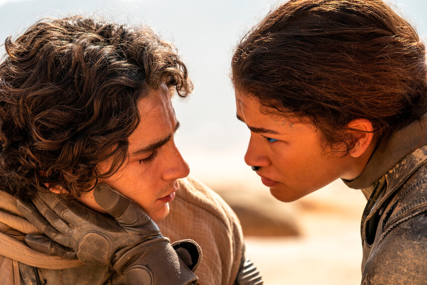 This image released by Warner Bros. Pictures shows Timothee Chalamet, left, and Zendaya in a scene from &quot;Dune: Part Two.&quot;