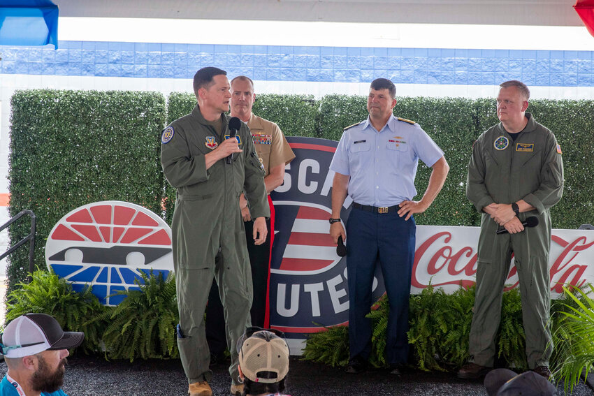 U.S. Air Force Maj. Gen. David B. Lyons, Commander, 15th Air Force, Shaw Air Force Base, addresses Gold Star Families during the Coca-Cola 600 at the Charlotte Motor Speedway in Concord, North Carolina, on May 26, 2024. The Navy&rsquo;s participation in the Coca-Cola 600 celebrated Memorial Day by honoring fallen service members and Gold Star Families.