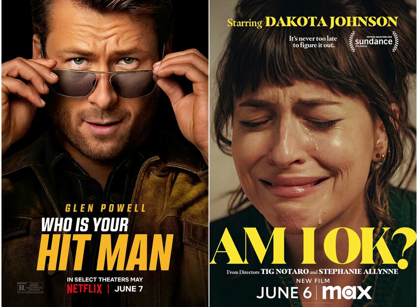 This combination of photos show promotional art for the Netflix film &quot;Hit Man,&quot; left, and &quot;Am I Ok?&quot;