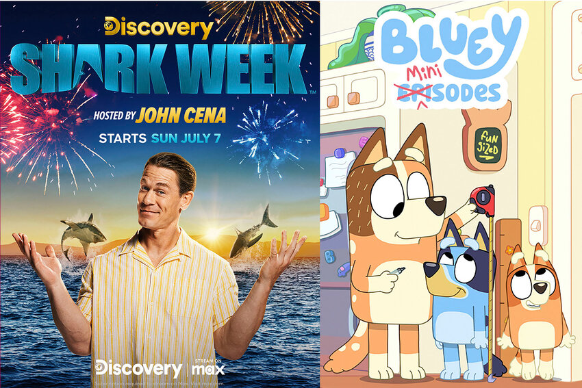 This combination of photos shows promotional art for &quot;Shark Week,&quot; left, and the animated children&rsquo;s series &ldquo;Bluey.&quot;
