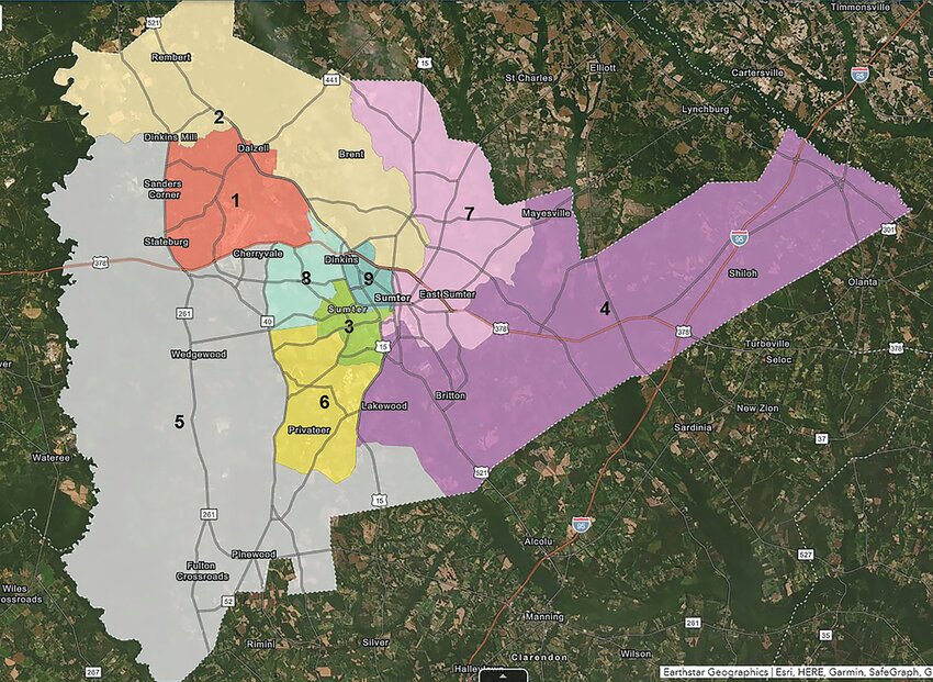 This map shows Sumter County broken down into school board trustee districts.
