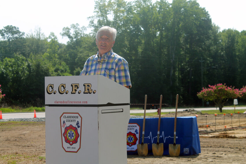 Clarendon County Councilman Dwight Stewart speaks at the groundbreaking ceremony for the new CCFR Fire Station 2 in Turbeville on July 17.
