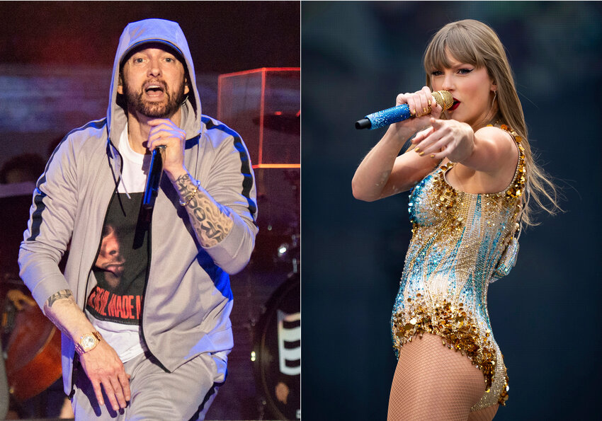 Eminem performs at the Bonnaroo Music and Arts Festival on June 9, 2018, left, and Taylor Swift performs at Wembley Stadium in London as part of her Eras Tour on June 21, 2024. Eminem&rsquo;s 12th studio album, &ldquo;The Death of Slim Shady (Coup de Gr&acirc;ce),&rdquo; has debuted at No. 1 on the Billboard 200, unseating Taylor Swift&rsquo;s &ldquo;The Tortured Poets Department&rdquo; after 12 weeks.
