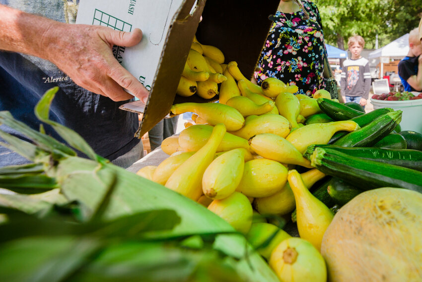 SUMTER ITEM FILE PHOTO Squash is laid out at the Dorr Farms booth at the Sumter Farmers Market at USC Sumter in 2019.