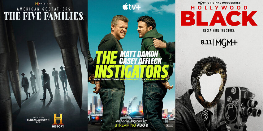 This combination of images shows promotional art for  the series &quot;American Godfathers: The Five Families,&quot; left, the film &quot;The Instigators,&quot; center, and the docuseries &quot;Hollywood Black.&quot;