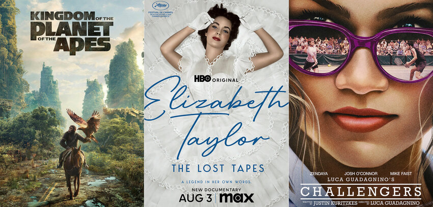 This combination of photos show promotional art for &quot;Kingdom of the Planet of the Apes,&quot; from left, &quot;Elizabeth Taylor: The Lost Tapes,&quot; and &quot;Challengers.&quot;