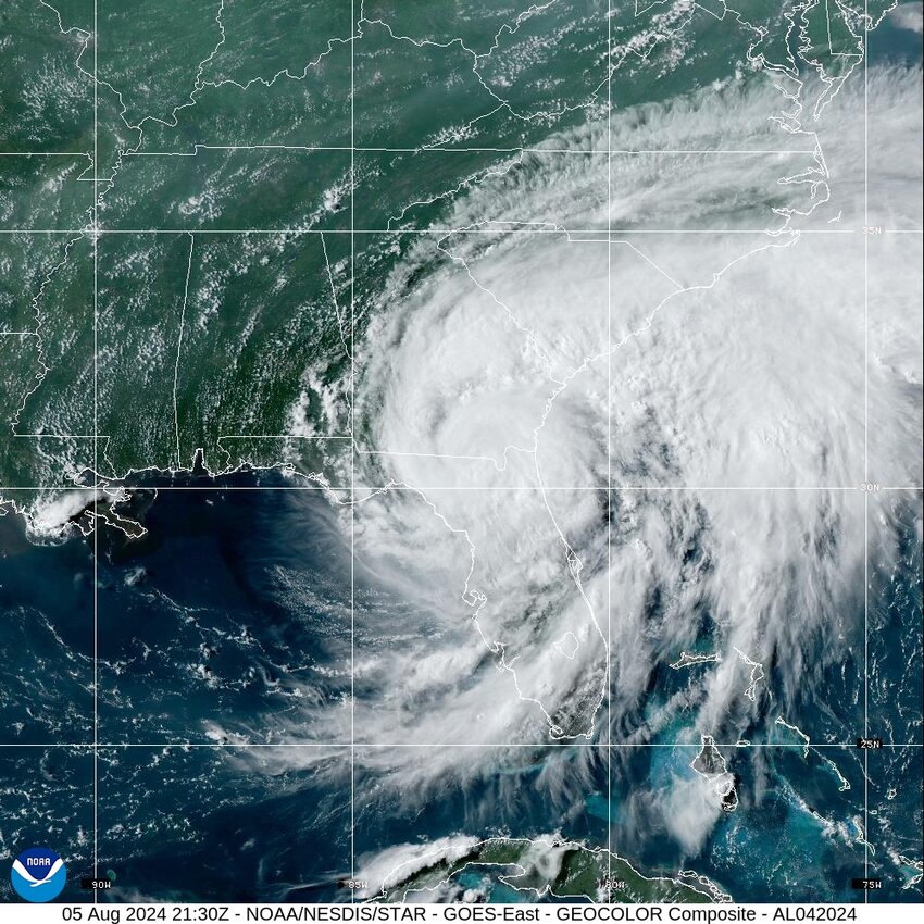 Tropical Storm Debby crosses northern Florida Monday, Aug. 5, 2024, as it bears down on Georgia.