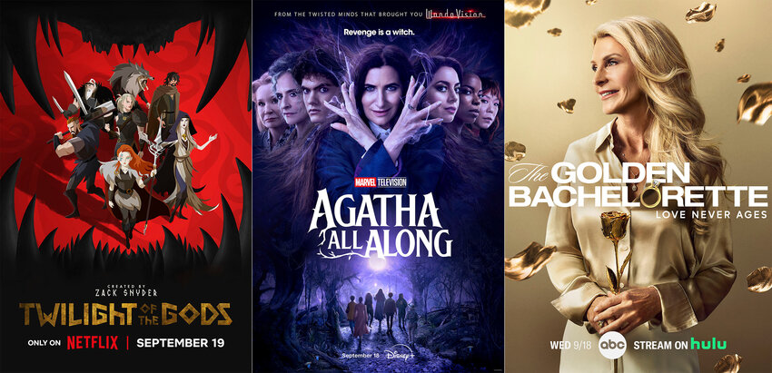 This combination of images shows promotional art for the Netflix series &quot;Twilight of the Gods,&quot; left, the Disney+ series &quot;Agatha All Along,&quot; center, and ABC's &quot;The Golden Bachelorette.&quot;