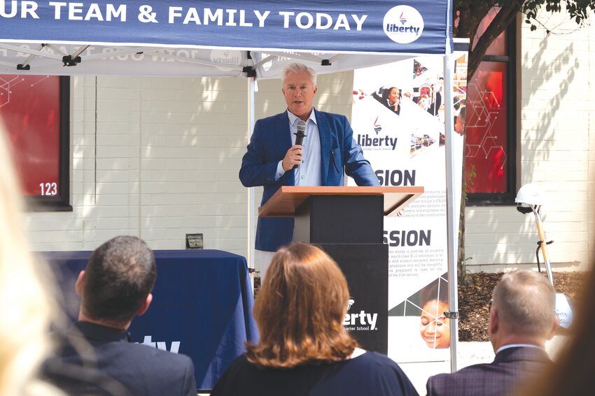 John Mulherin of Hull Property Group, which owns Sumter Mall, speaks last week at Liberty STEAM Charter School's groundbreaking ceremony for its junior academy expansion.    ADAM FLASH / THE SUMTER ITEM