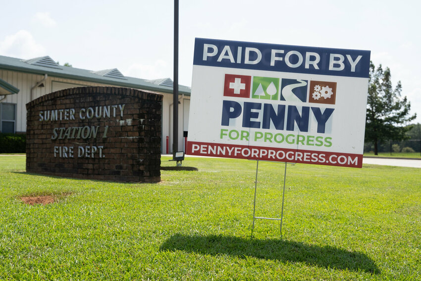 ADAM FLASH / THE SUMTER ITEM    A &ldquo;Paid for by &lsquo;Penny for Progress&rsquo;&rdquo; sign stands at the Cherryvale Fire Station along Ronda Street, among many other places in town.