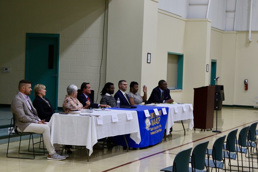 The NAACP held a Sumter City Council forum for candidates running for Ward 4 and mayor Thursday, Sept. 26. From left to right: Jimmy Davis, Lucy Mahon, Lynn Kennedy, Gene Weston, Travon Adams, Foxy Rae Campbell and Reggie Evans. Ward 4 Candidate Scott Burkett was not present due to being out of the county on a pre-planned trip.