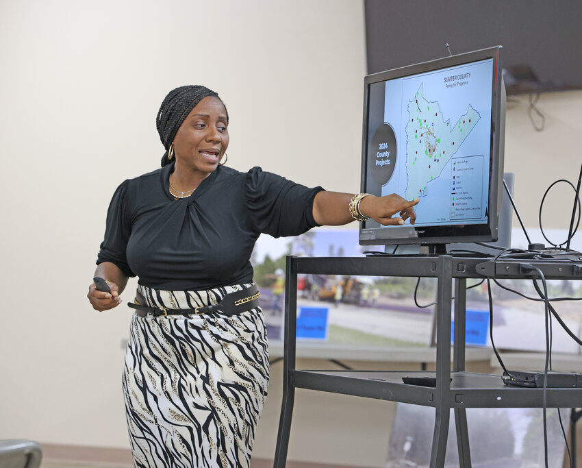 Sumter EDGE Manager of Communications and Strategic Initiatives Erika Williams gives a Penny for Progress presentation at the Rembert Rafting Creek Community Center on Monday, Oct. 7.