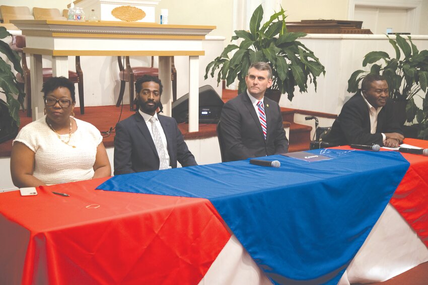 City of Sumter mayoral candidates, from left, Foxy Rae Campbell, Travon Adams, incumbent David Merchant and Reginald Evans attend the forum.