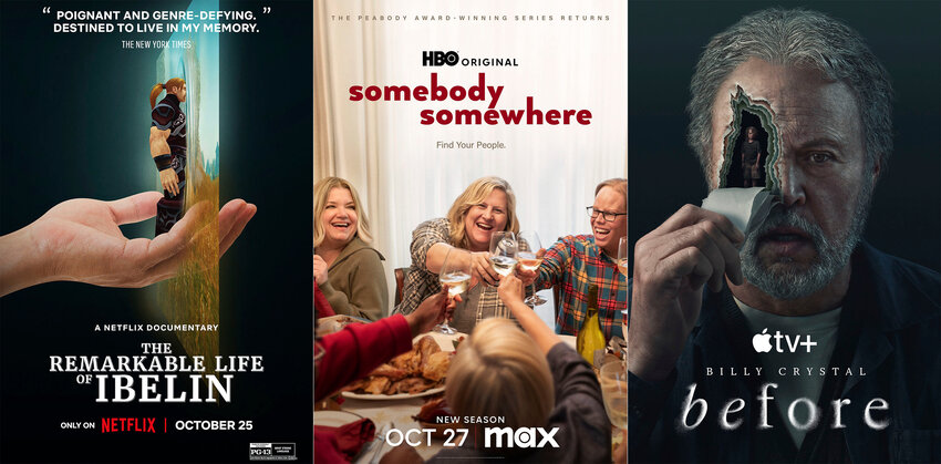 This combination of images shows promotional art for the documentary &quot;The Remarkable Life of Ibelin,&rdquo; left, the series &quot;Somebody, Somewhere,&quot; center, and the new series &quot;Before.&quot;