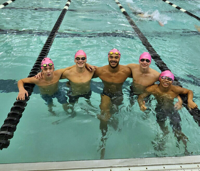 From left, Sumter High's Gabriel Kirkhart, Jack Easton, Anthony Benenhaley, Jordan Hewett and David Vizcarra snap a photo during warmups at the SCHSL 5A Division I state meet on Saturday.