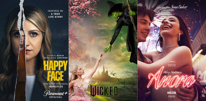This combination of images shows promotional art for the series &quot;Happy Face,&quot; the film &quot;Wicked,&quot; and the film &quot;Anora.&quot;