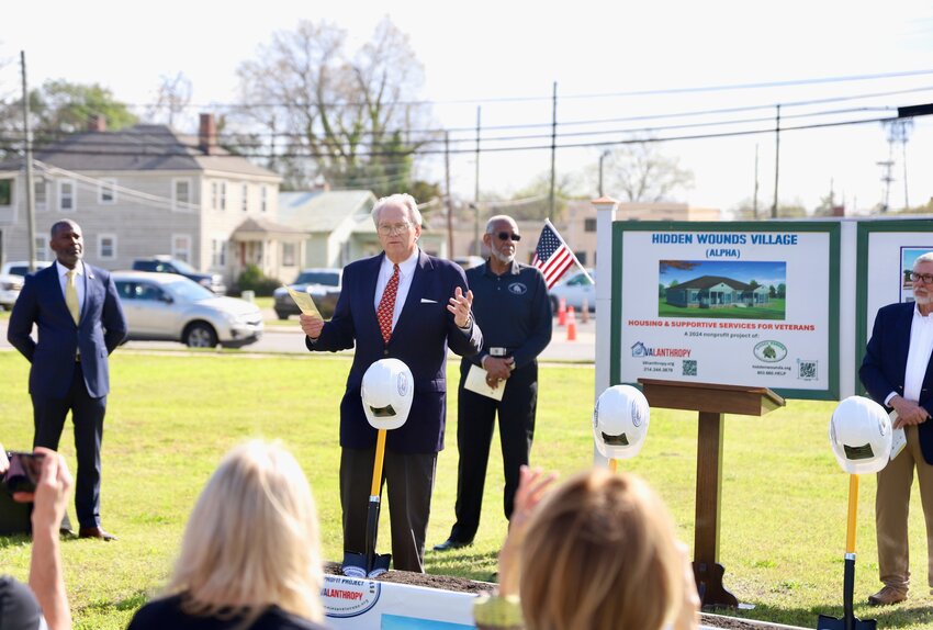 Veteran housing nonprofit VAlanthropy Founding Partner Fred Altman speaks at the groundbreaking on new low-income veteran housing on Monday, March 17. DEIRDRE CURRIN THE SUMTER ITEM.